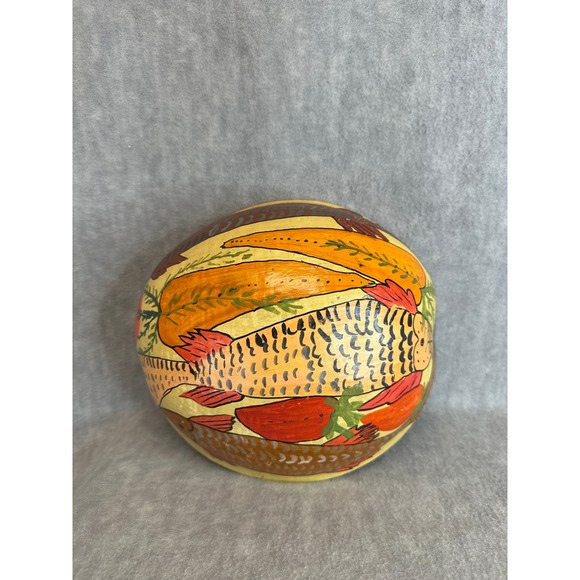 VTG Handcrafted Folk Art Bowl Calabash Gourd Fish and Carrot Primitive Design - Picture 3 of 8